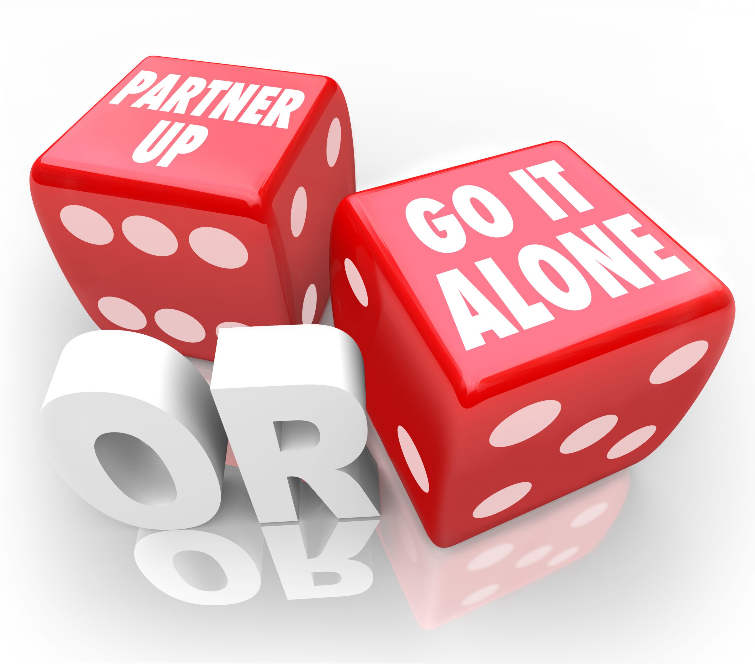 pair of dice that say "partner up" or "go it alone" to represent a solo real estate agent or a team agent