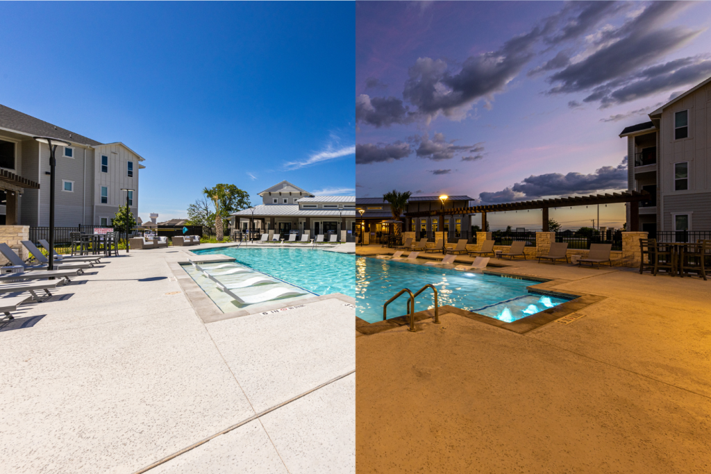split screen image of a multi-family commercial property photographed in daytime and in twilight