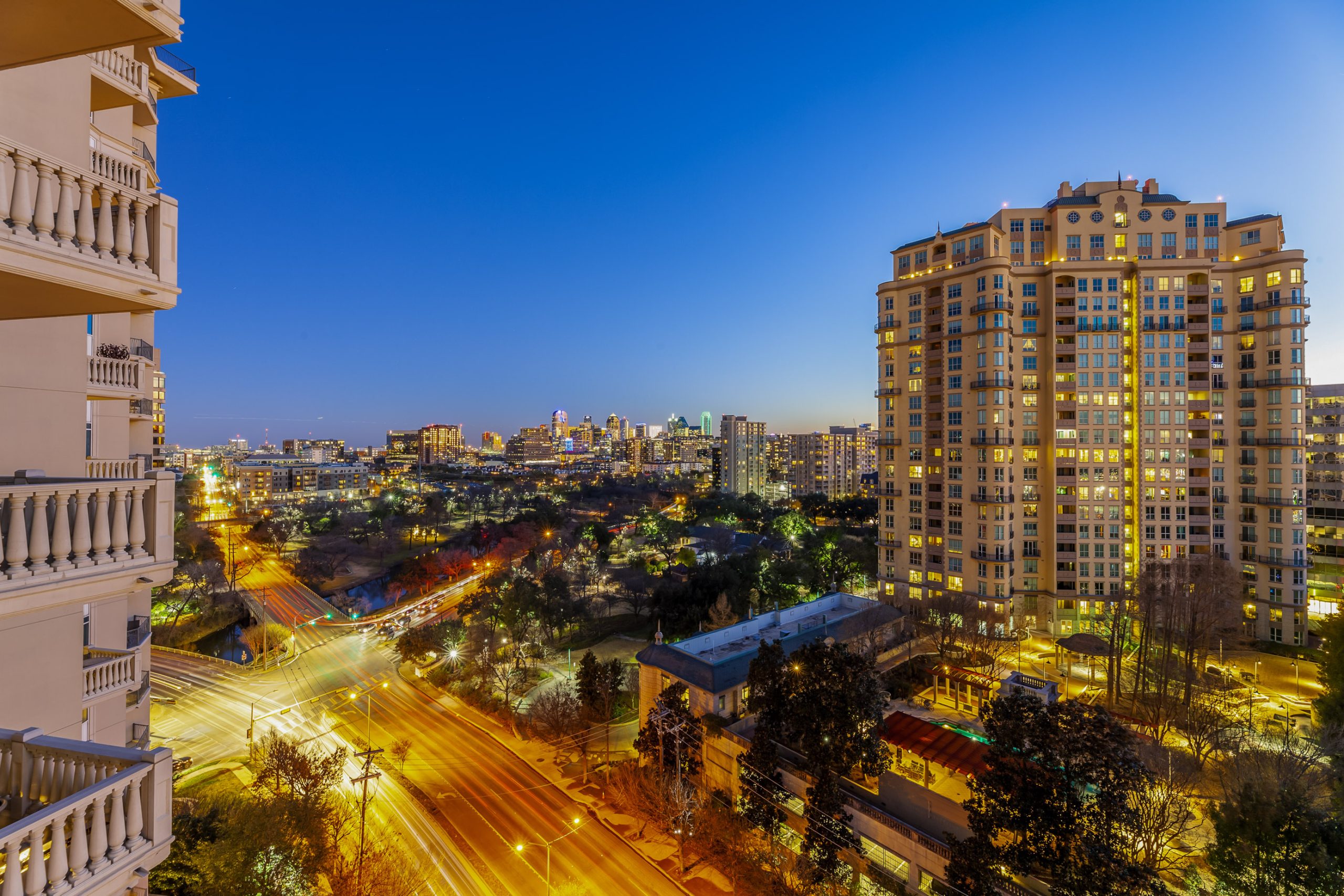 Image of the Dallas skyline, view from a residential balcony