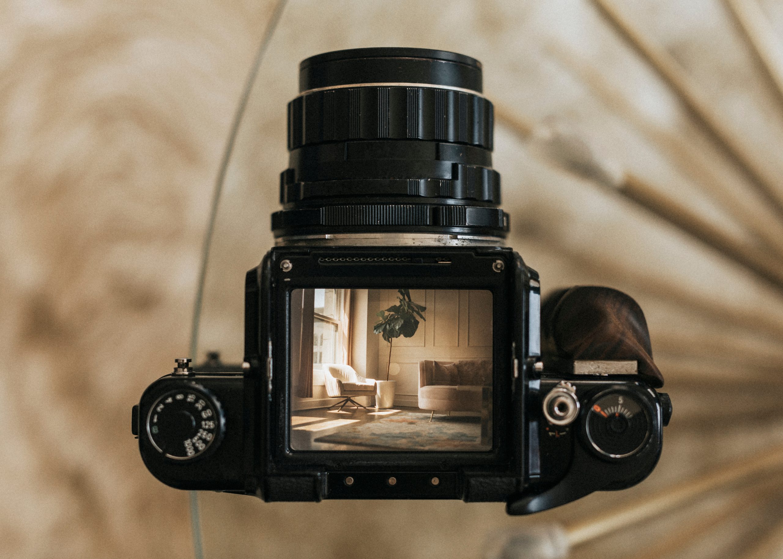 Living room interior through the lens of an analog camera to illustrate a real estate photoshoot