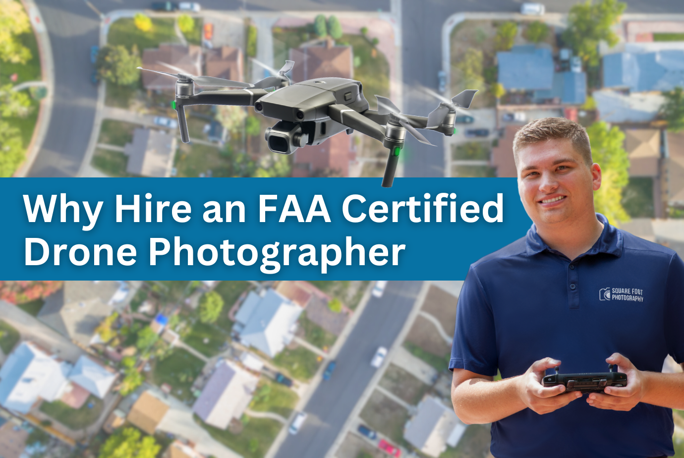image of a drone and real estate drone photographer in a field to show how to fly a drone