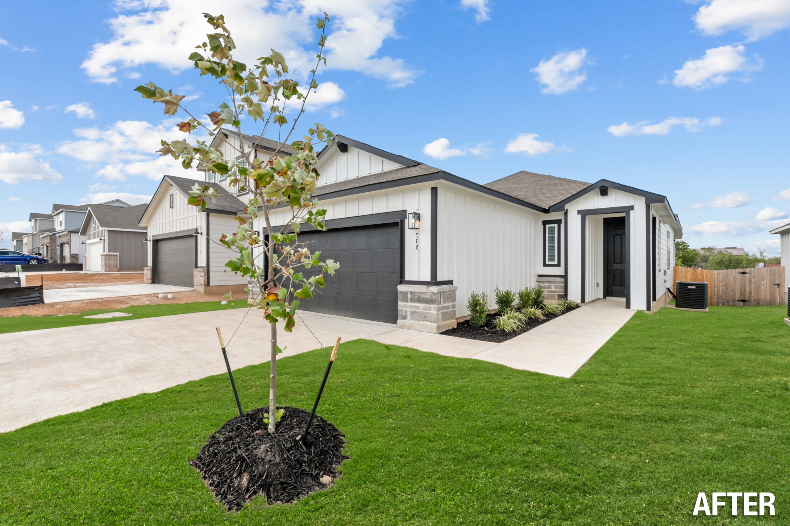improving real estate listing photos; after image of a home with virtual sod to green up the grass