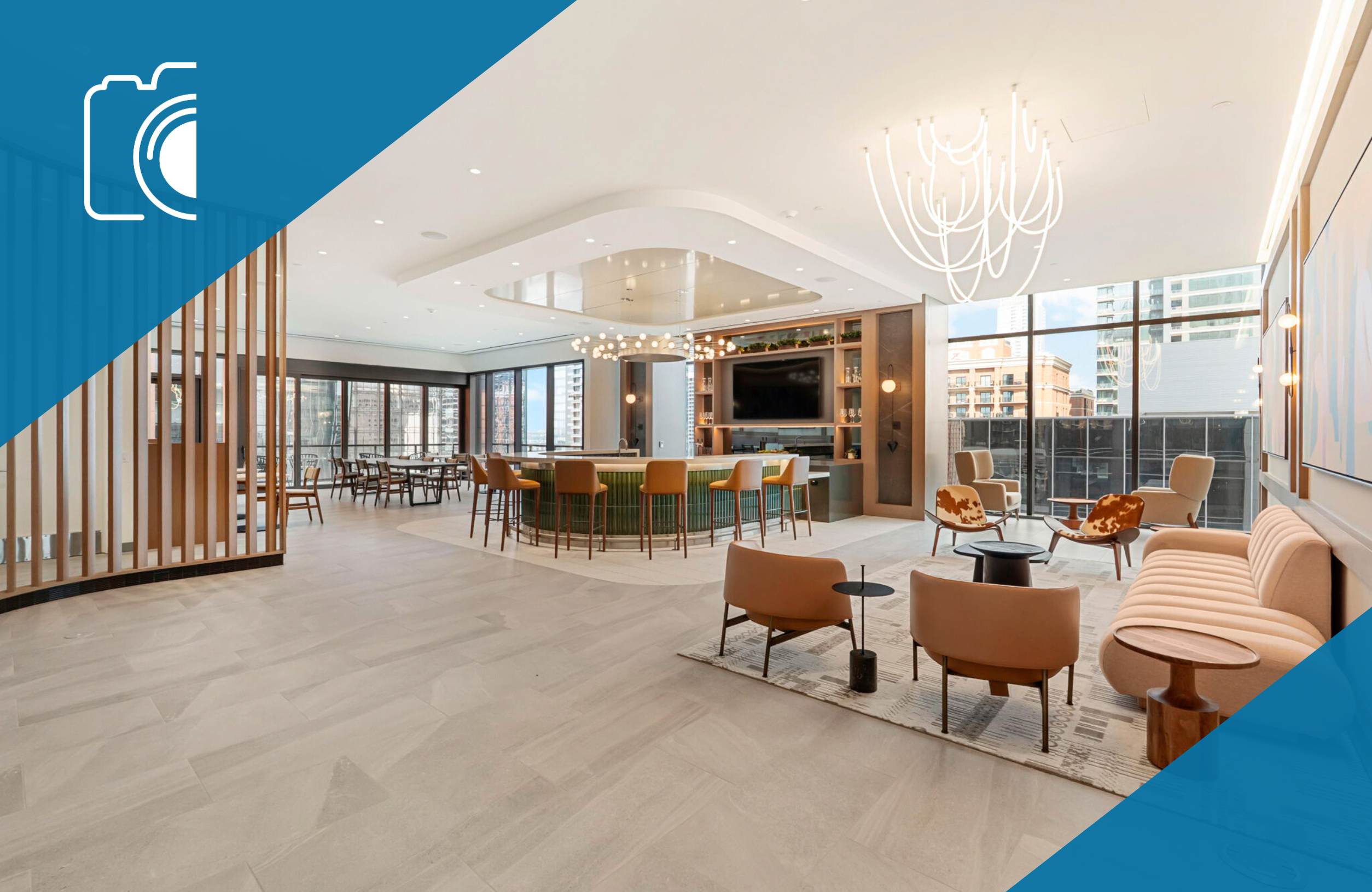 Commercial Ground Photos Cover Photo cost of real estate photos for commercial properties; professional real estate photography of a commercial space; hotel lounge area with bar and modern seating