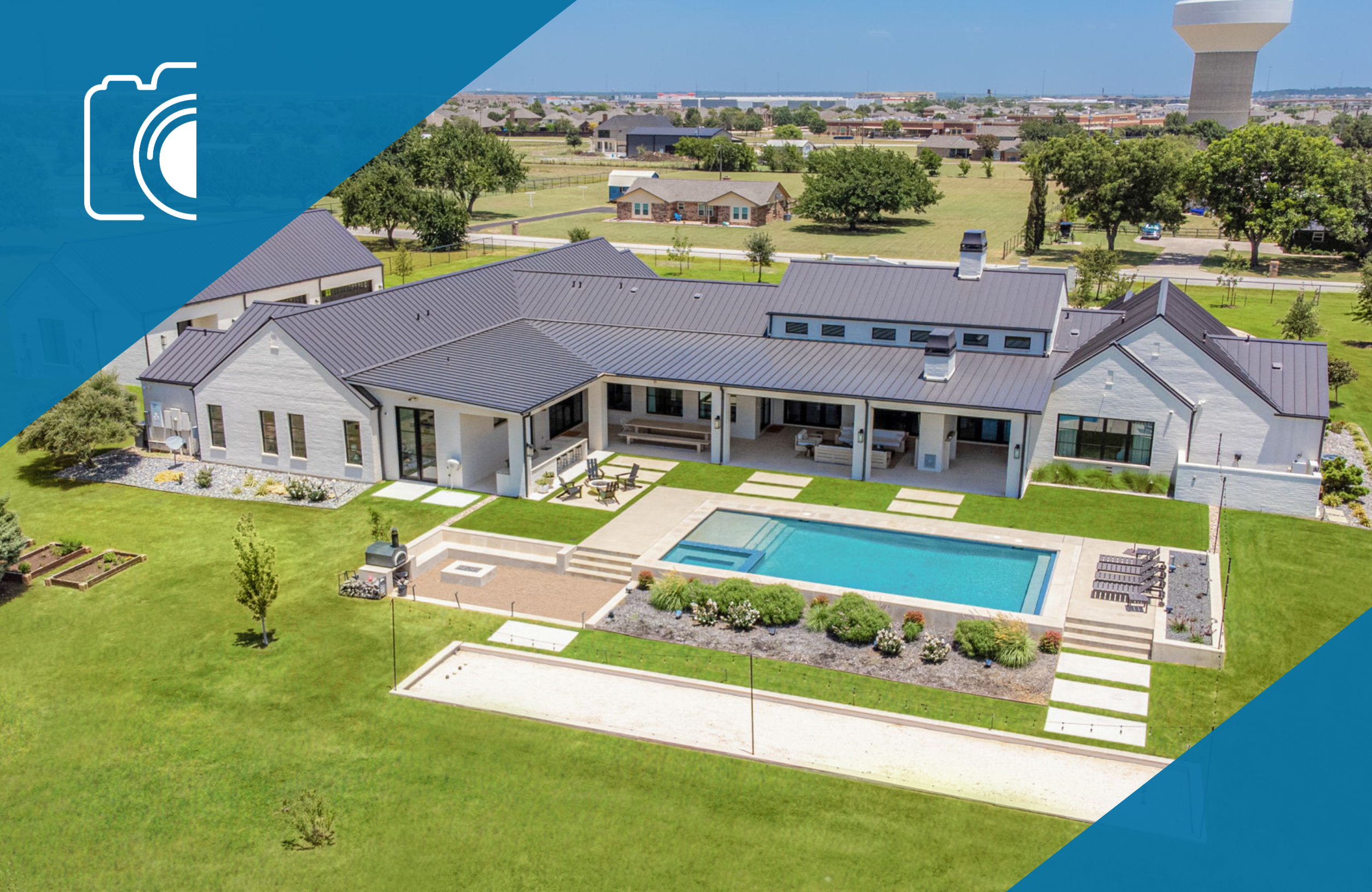 Residential Drone Add-On Cover Photo residential drone photography; view from above of residential home exterior and backyard with pool