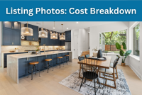 professional real estate photography of a residential kitchen and dining space with overlay text, "Listing Photos: Cost Breakdown"