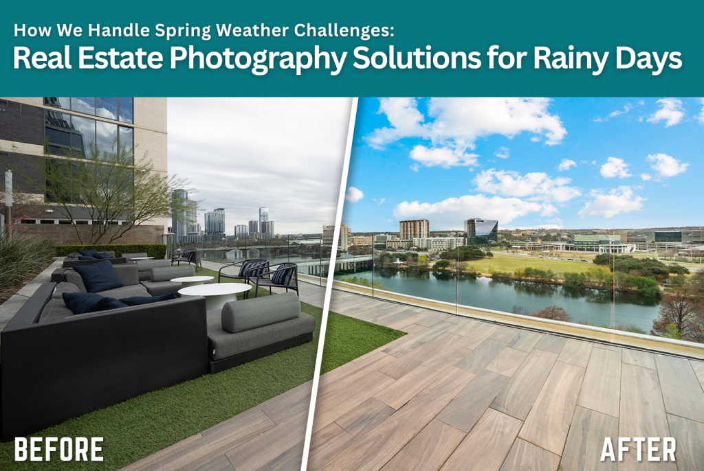 Solutions for Real Estate Photos in the Rain; before/after split image of a grey sky virtually transformed with blue sky